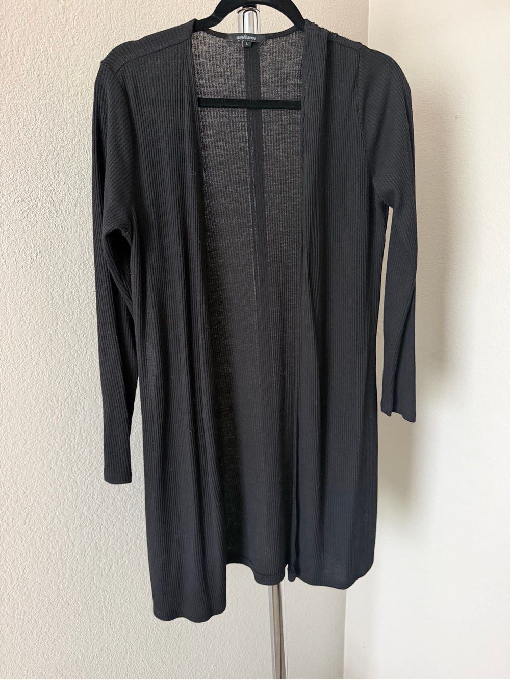 Open-Front Black Ribbed Longline Cardigan